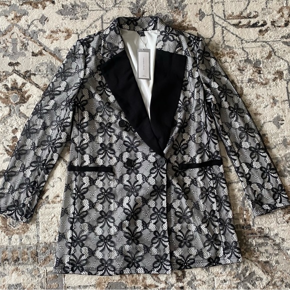 NWT New Contrast Collar Lace Blazer Dress Black White Long Sleeve Butterfly - Picture 9 of 16